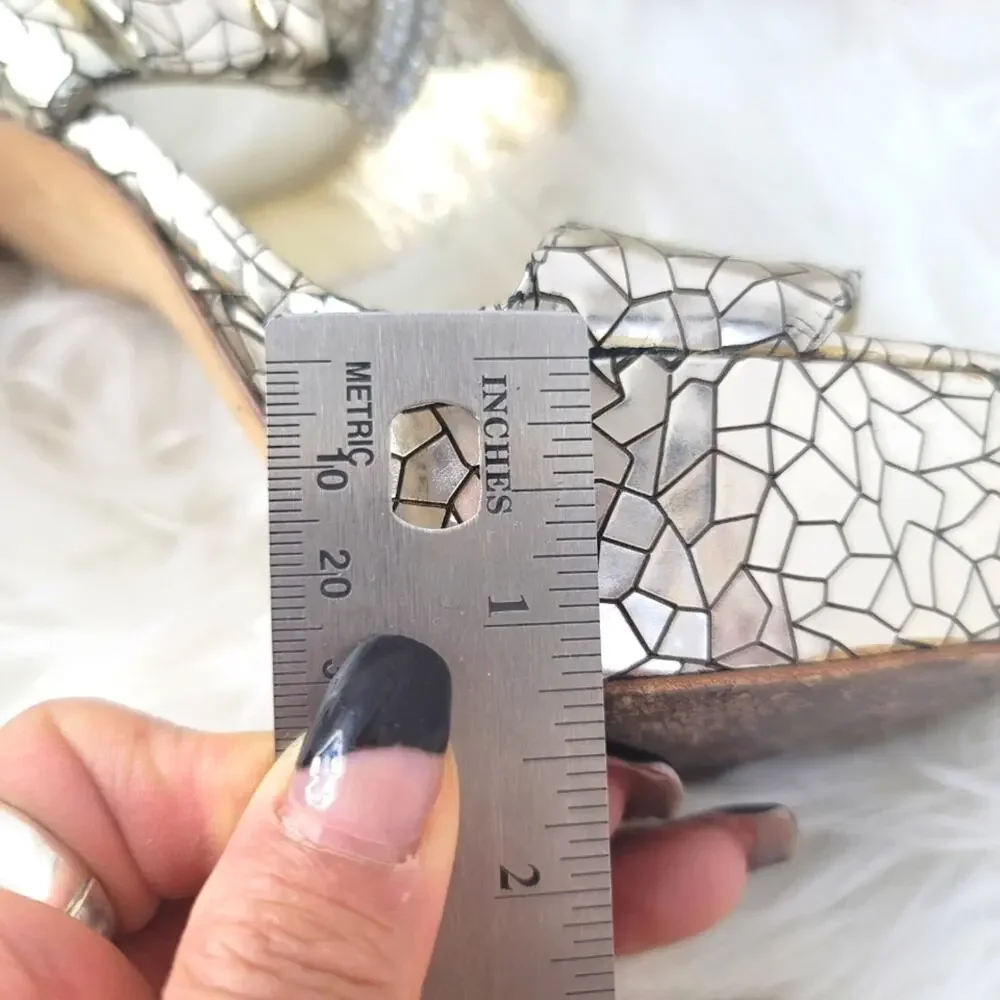 CLAUDIA CIUTI Silver Italian Mirror Mosaic Platform Heels Rhinestone Buckle Glam